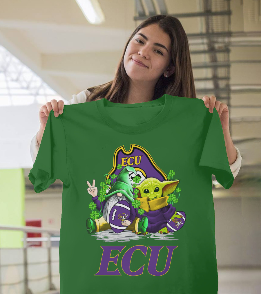 ECU East Carolina Pirates Football St. Patrick's Day Celebration With Gnome And Baby Alien T-Shirt