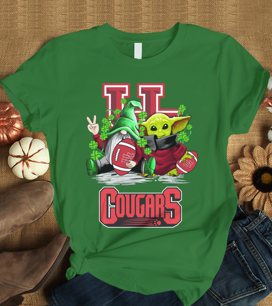 Houston Cougars St. Patrick's Day Football With Gnome And Green Character T-Shirt
