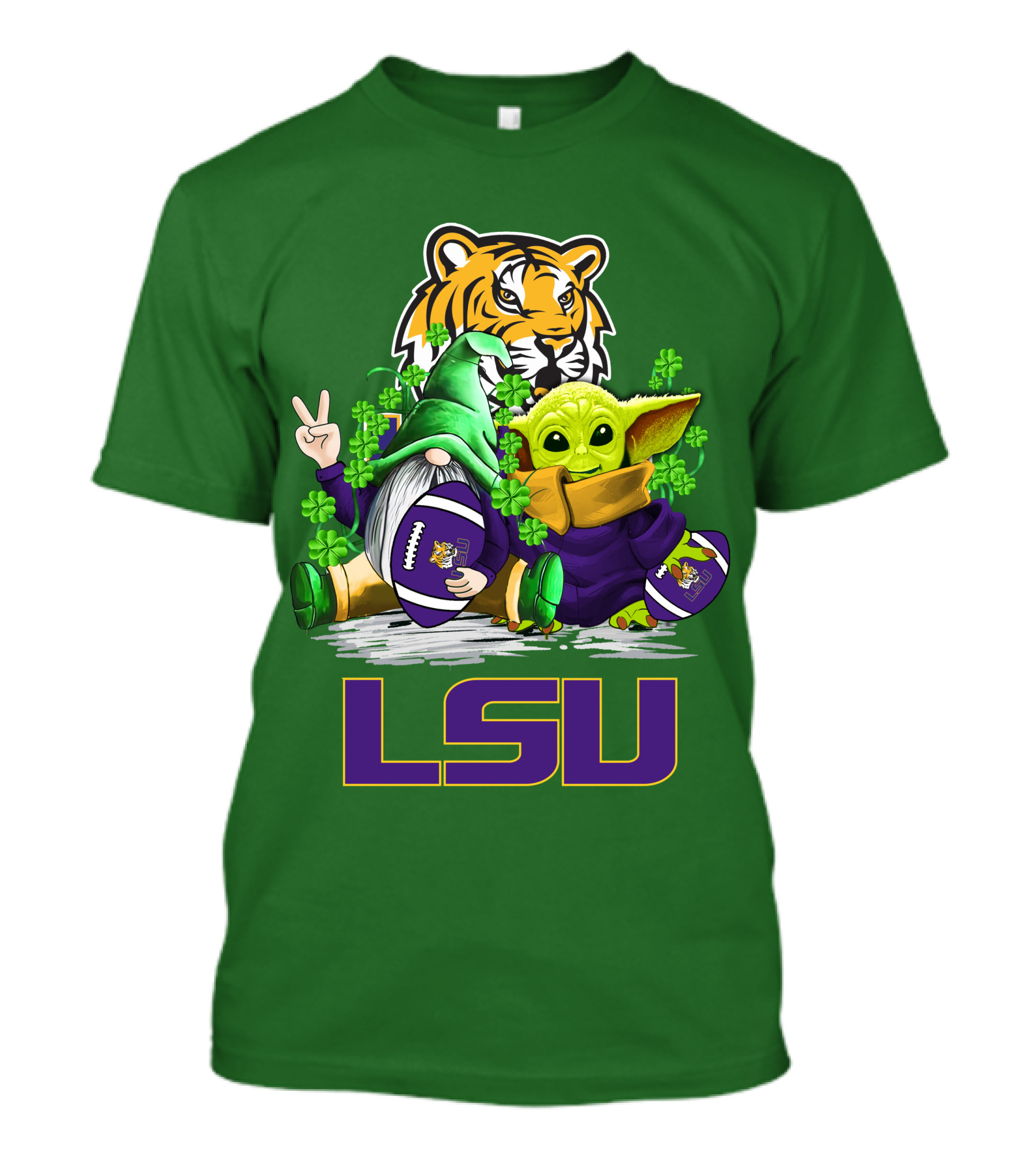 LSU Tigers Football St. Patrick's Day Gnome And Baby Alien With Shamrocks T-Shirt