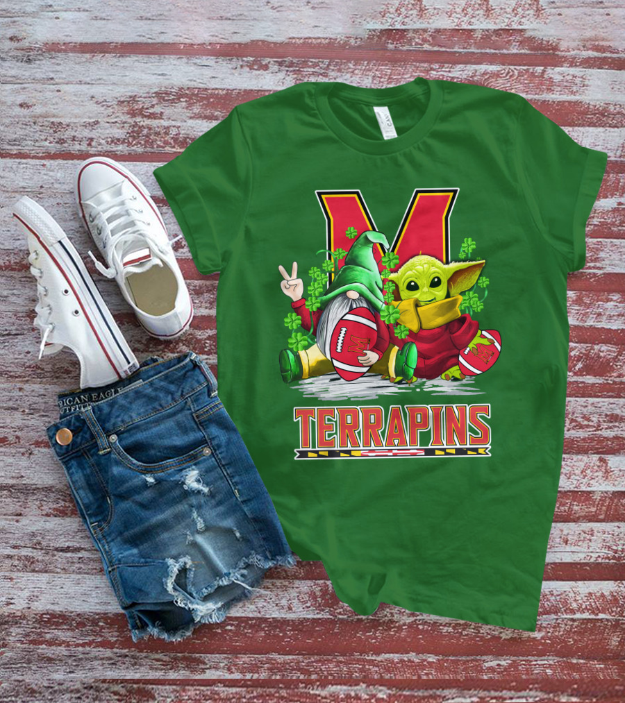 Maryland Terrapins Football St. Patrick's Day Gnome And Baby Yoda T-Shirt