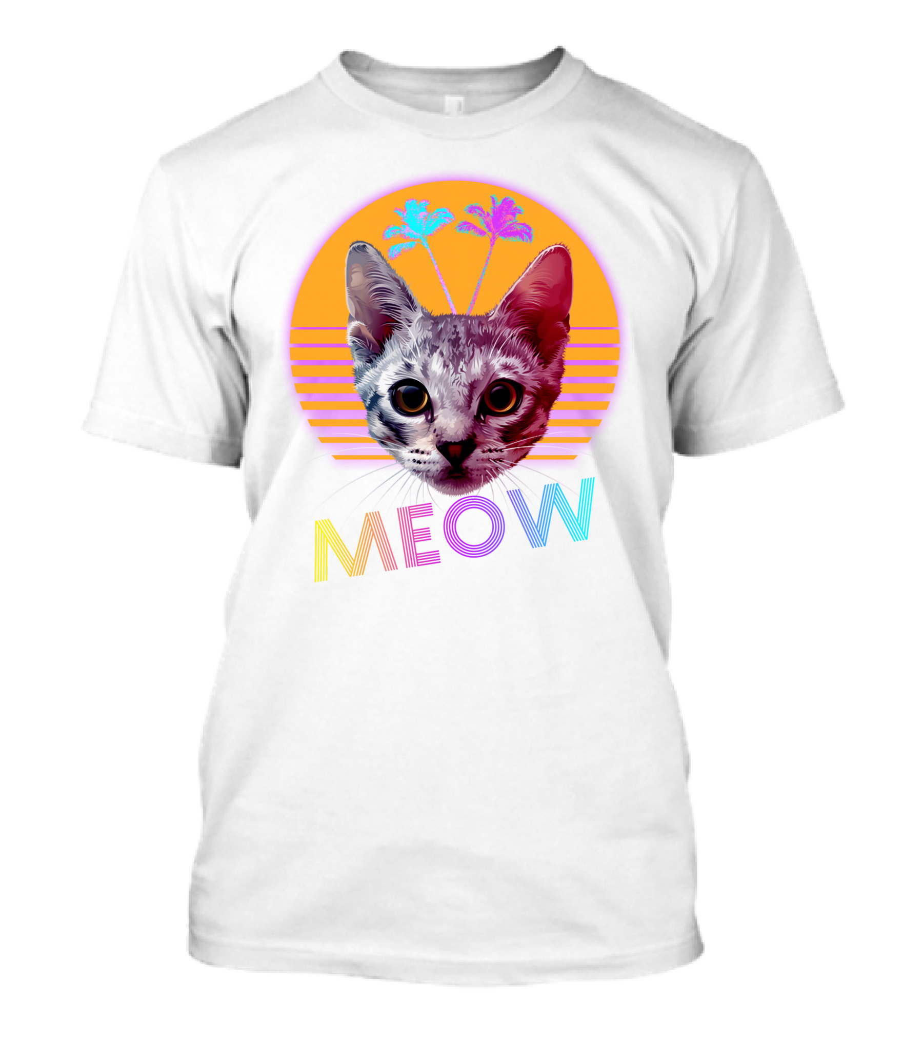 Retro Meow Cat With Palm Trees And Sunset Stripes T-Shirt
