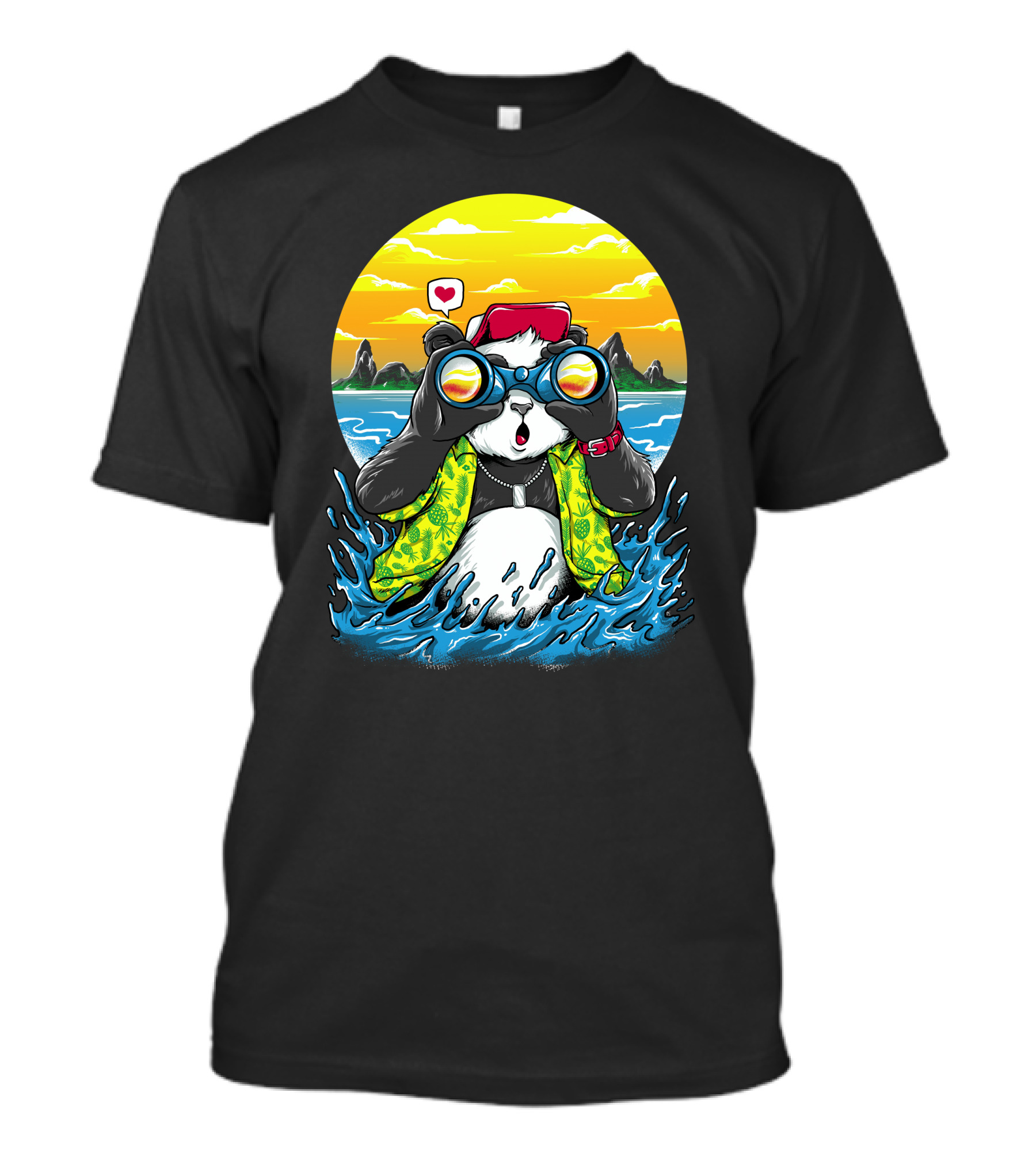 Summer Panda Beach Adventure With Binoculars And Heart T-Shirt