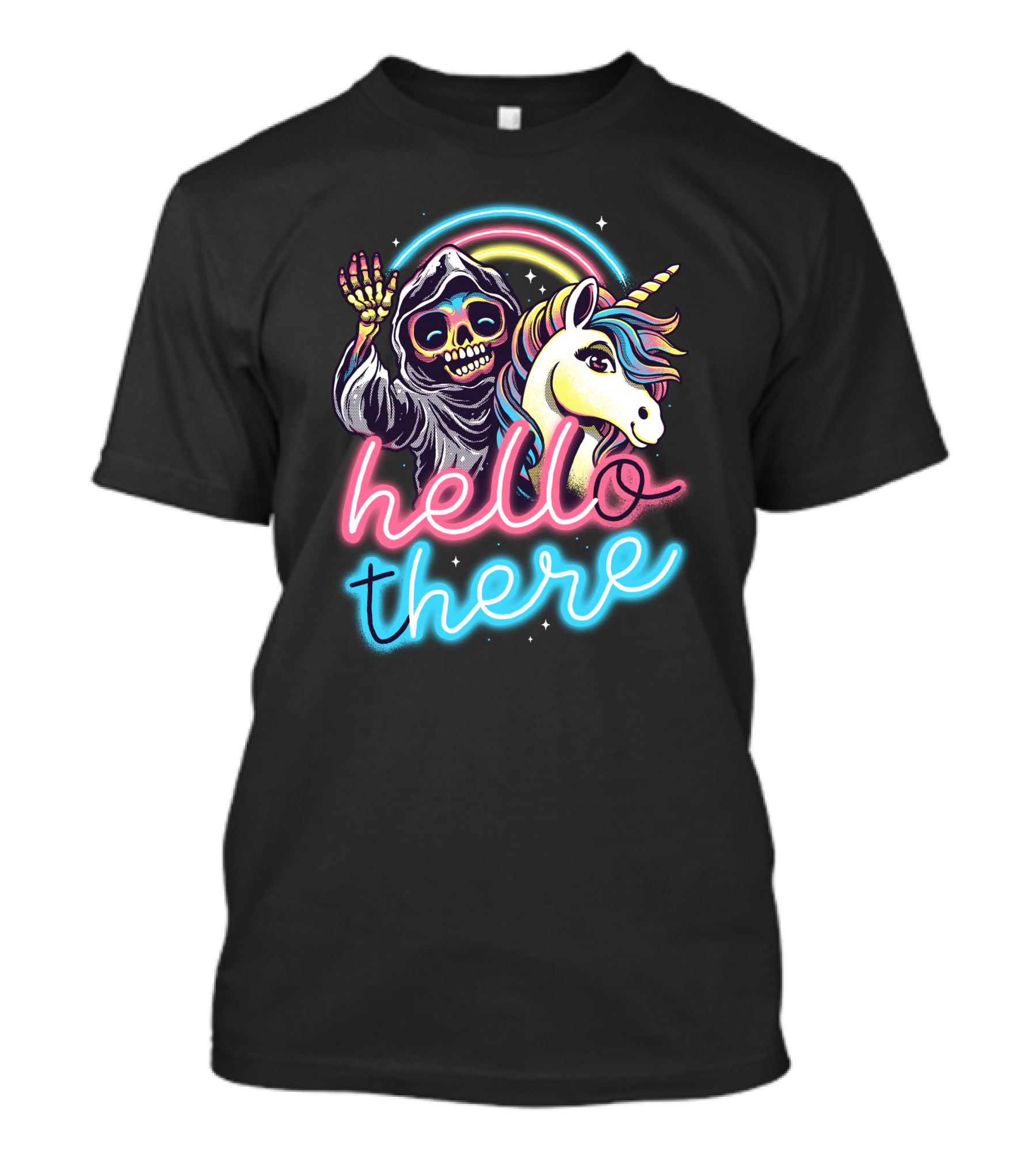 Hello There Grim Reaper And Unicorn Neon Rainbow T-Shirt