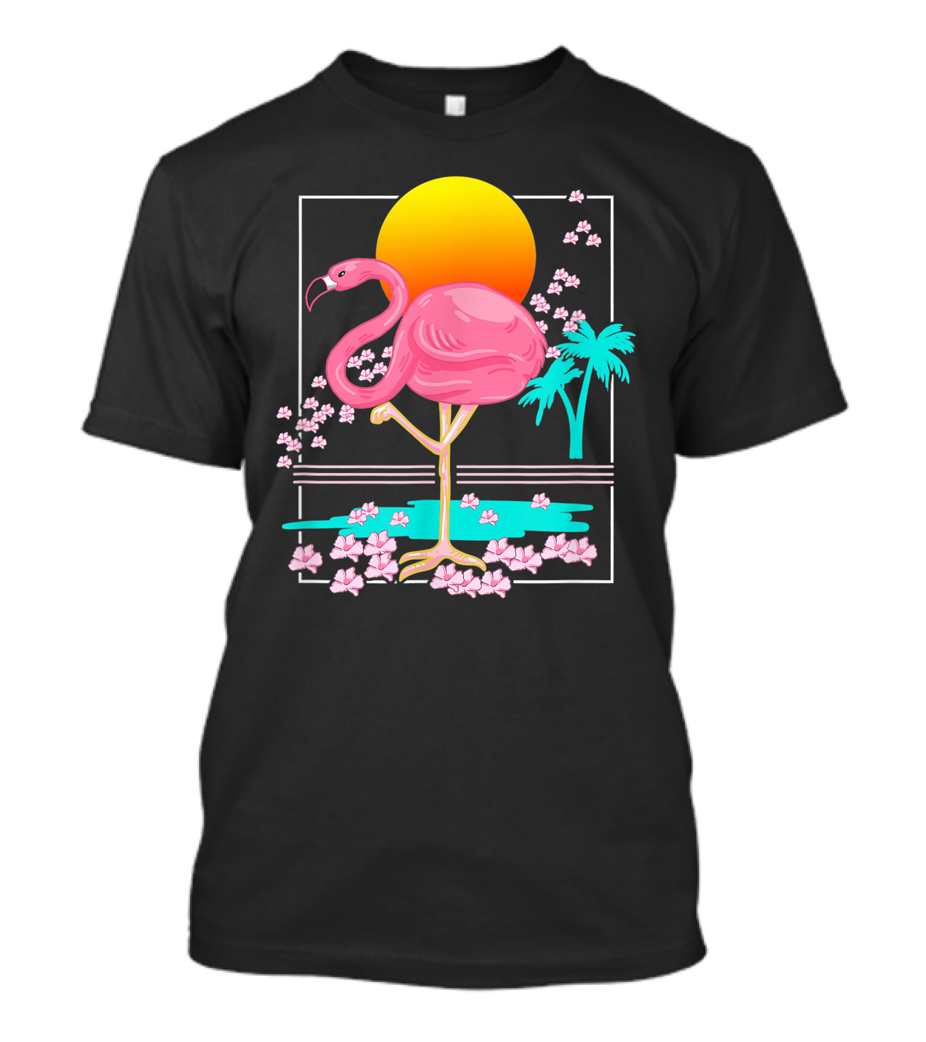 Flamingo Tropical Flowers And Sunset Scene T-Shirt
