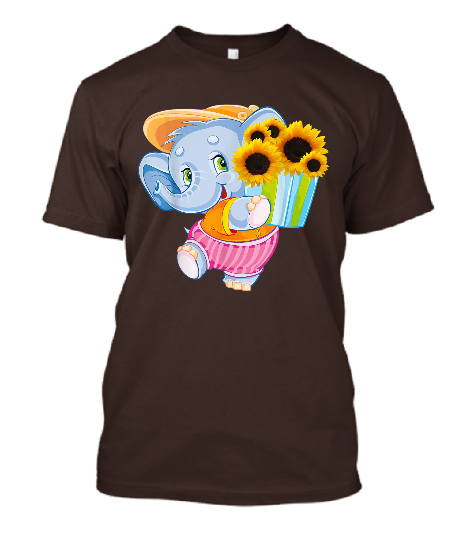 Cute Baby Elephant With Sunflowers And Pink Striped Shorts T-Shirt