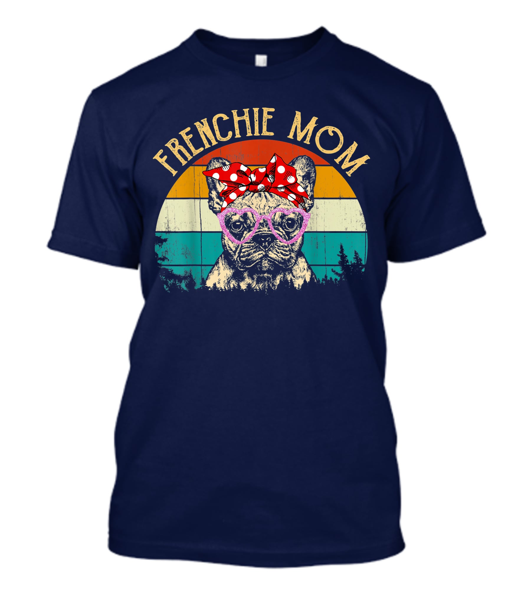 Frenchie Mom Retro Sunset Heart Glasses Bow T-Shirt