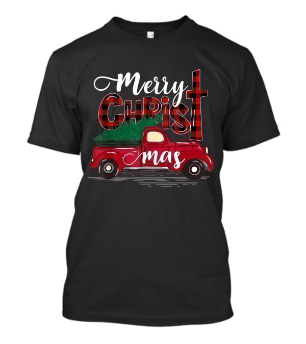 Merry Christmas Buffalo Plaid Christian Cross With Red Truck T-Shirt