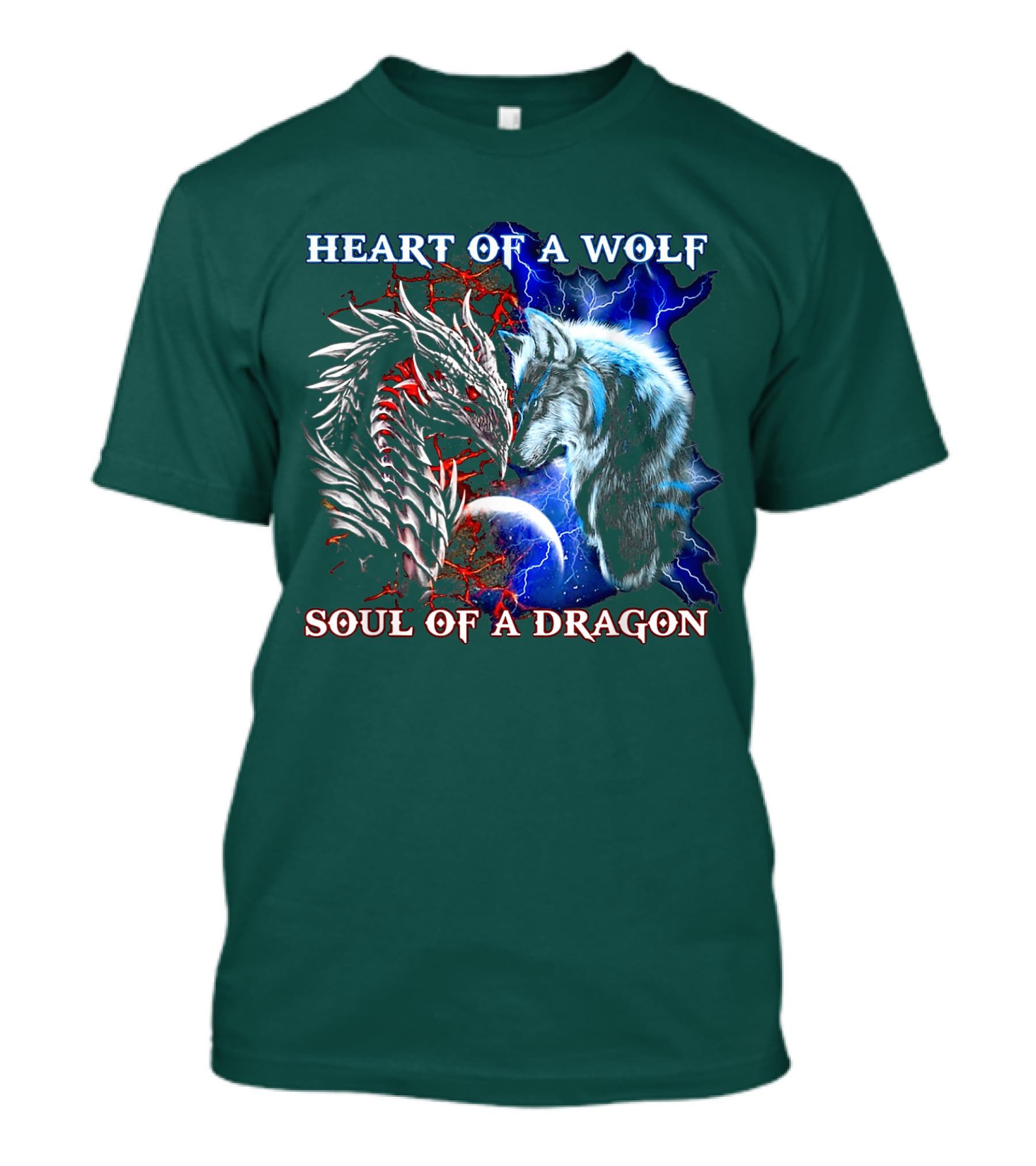 HEART OF A WOLF SOUL OF A DRAGON Wolf Dragon Lightning Planet Cracked Earth T-Shirt