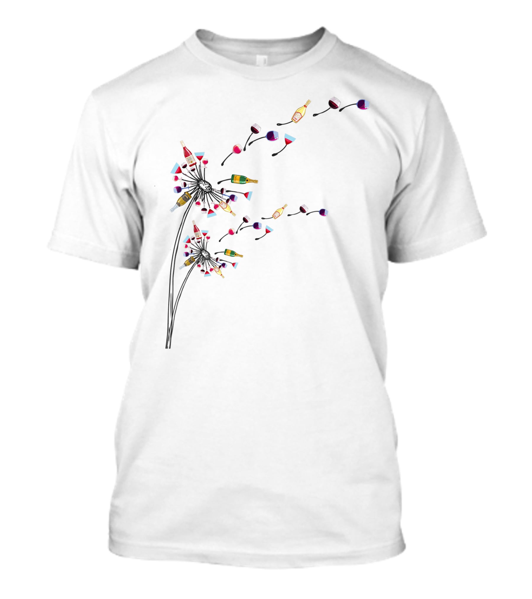 Funny Wine And Dandelion Lover Drinking Dandelion With Wine Bottles And Glasses T-Shirt