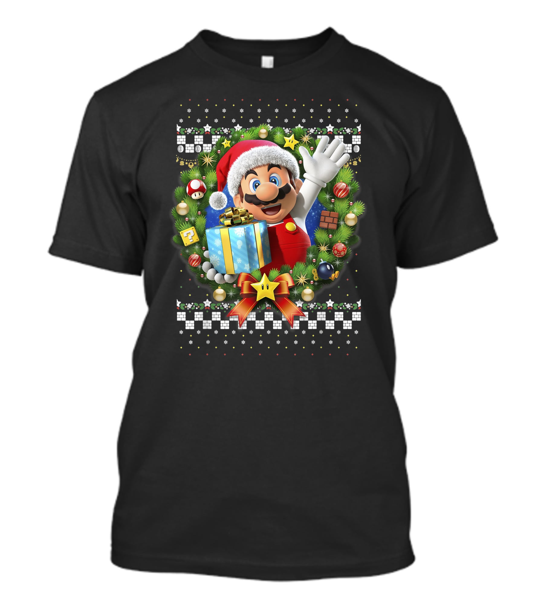 Super Mario Christmas Wreath Santa Present With Gift And Iconic Symbols T-Shirt