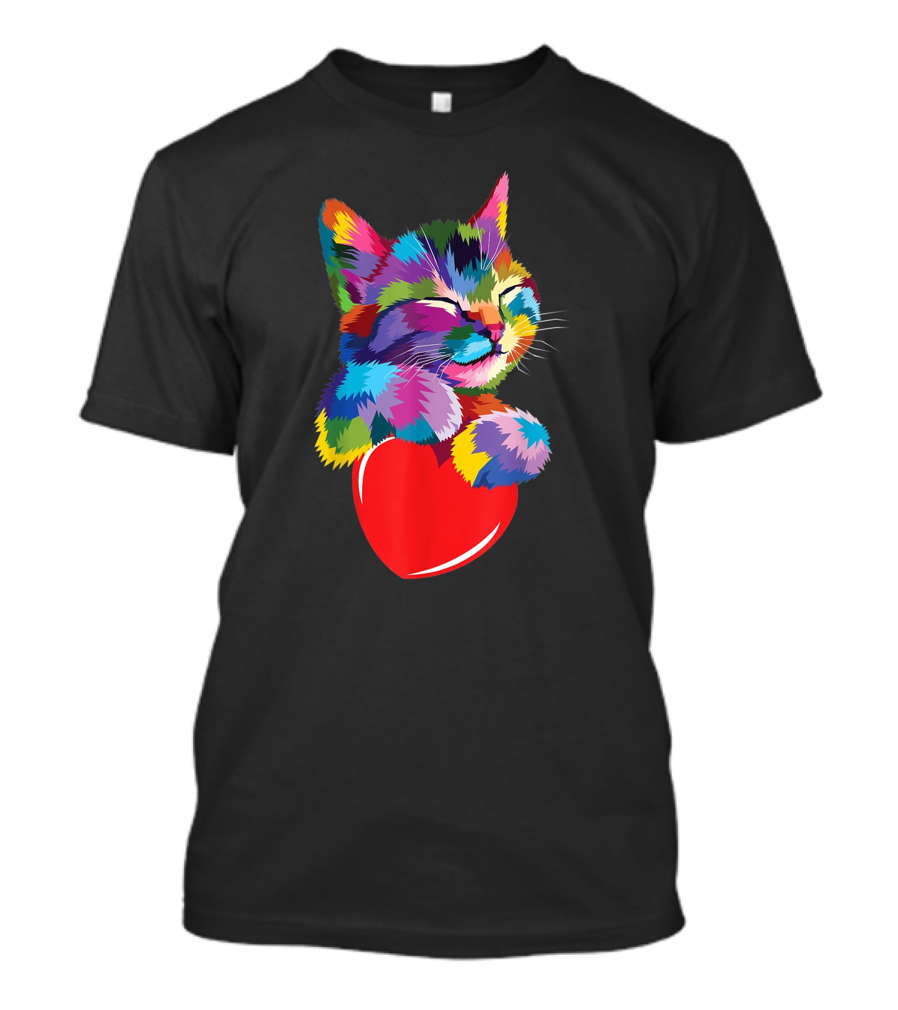Colorful Cat Hugging Red Heart Cat Lover T-Shirt