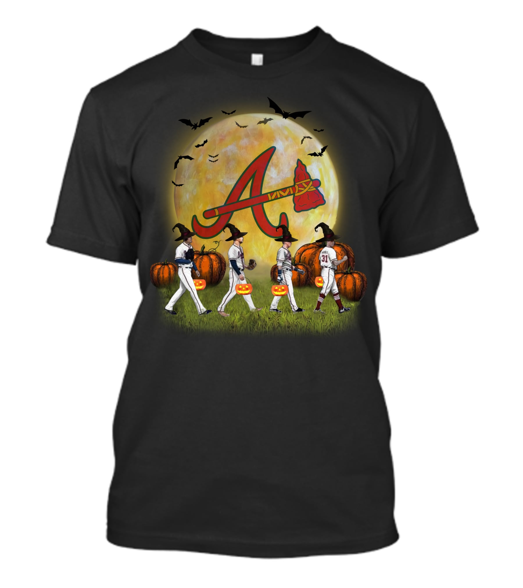 Atlanta Braves Halloween Baseball Pumpkin Moon Bats T-Shirt