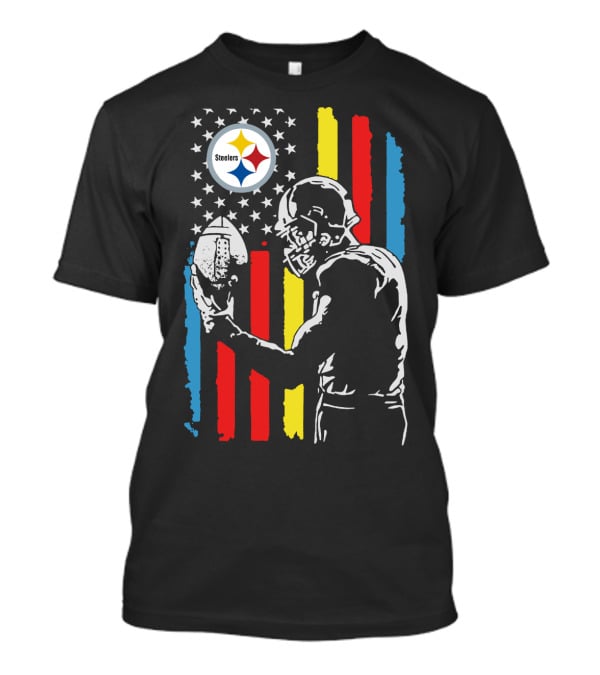 Pittsburgh Steelers American Flag Football Player Silhouette T-Shirt