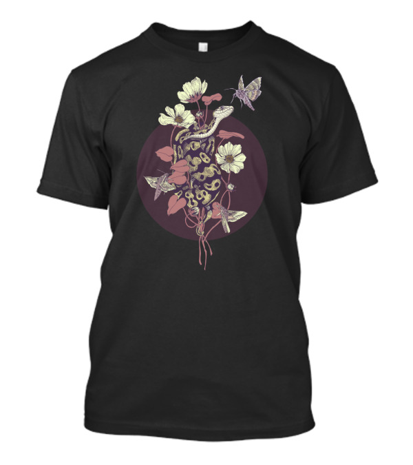 Snake With Floral Motif And Moths In A Dark Circular Background T-Shirt