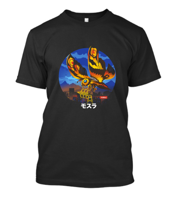 Mothra Soars Over City Night Skyline Kaiju Japanese Text T-Shirt