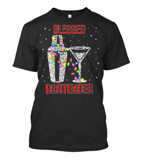 Blessed Bartender Christmas Lights Martini Shaker T-Shirt
