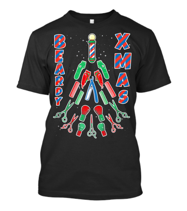Beardy Xmas Barber Pole Christmas Tree T-Shirt