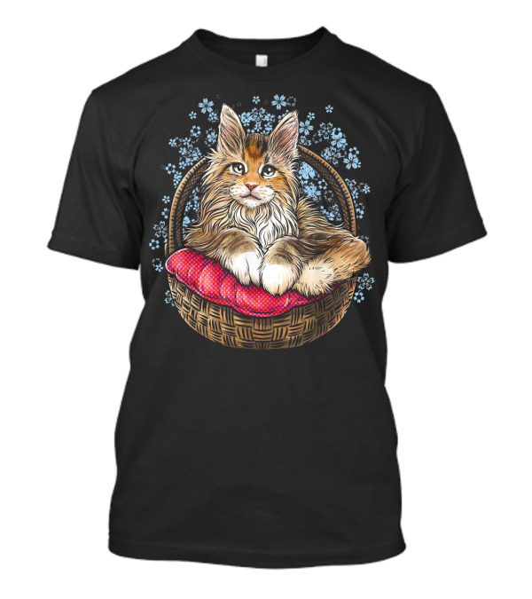 Maine Coon Cat In Floral Basket With Red Cushion T-Shirt