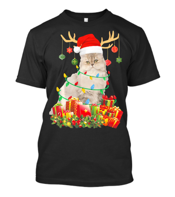 Persian Cat With Reindeer Antlers And Santa Hat Surrounded By Christmas Gifts And Ornaments T-Shirt