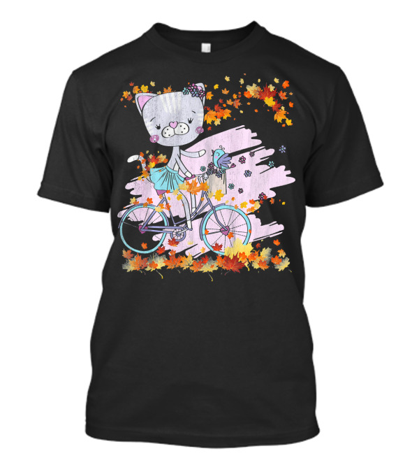 Lovely Kitten Riding A Bicycle With Autumn Leaves And Bird In Funny Fall Scene T-Shirt