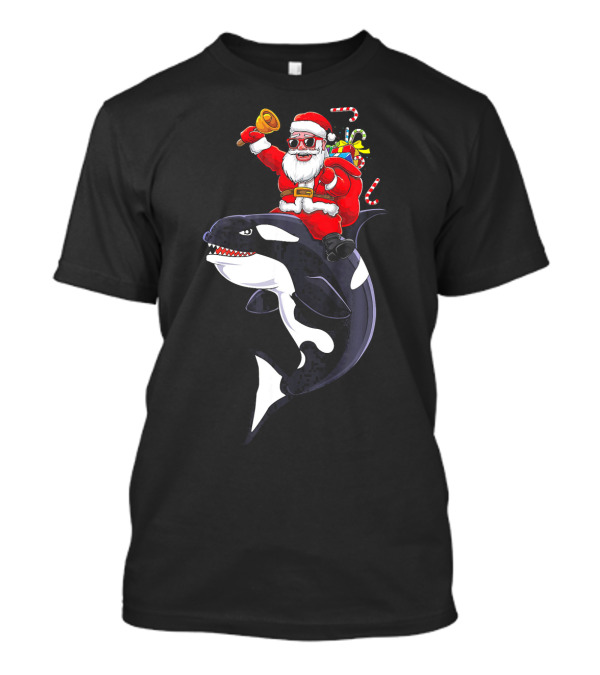 Santa Claus Riding Orca Whale Holding Bell With Gifts And Candy Canes T-Shirt