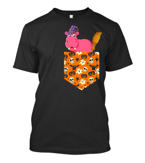 Cute Halloween Hippopotamus Pumpkin Pocket With Witch Hat And Broom T-Shirt