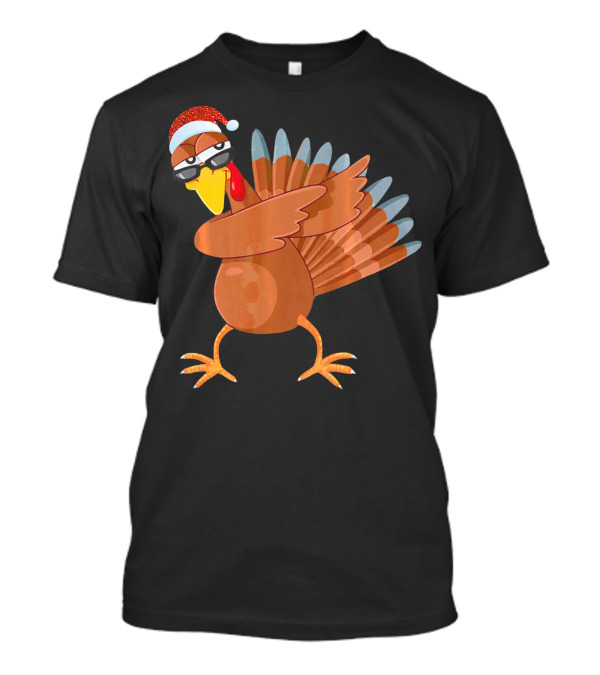 Merry Christmas Dabbing Turkey With Santa Hat And Glasses T-Shirt