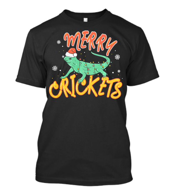 Merry Crickets Funny Bearded Dragon In Santa Hat And Holiday Lights T-Shirt