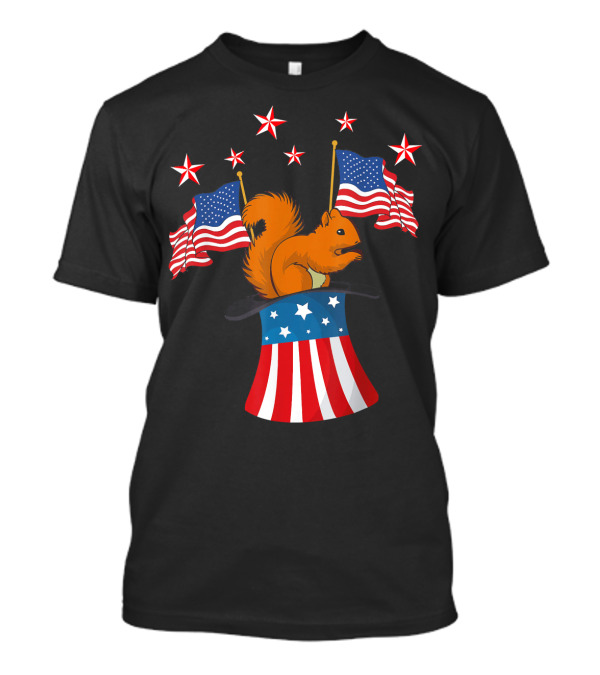 Magic Squirrel In Top Hat With American Flags And Stars For 14th Of July T-Shirt