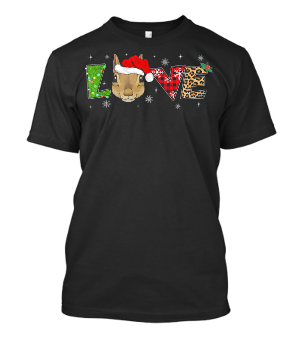LOVE Squirrel Santa Christmas Snowflakes Plaid And Leopard Print T-Shirt