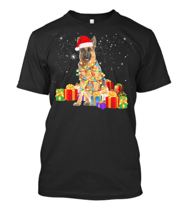 German Shepherd In Santa Hat With Christmas Lights And Gifts T-Shirt