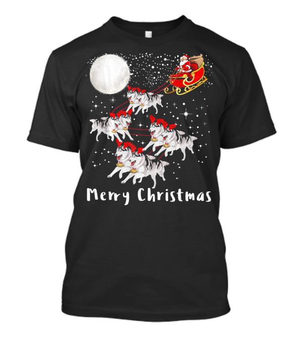 Merry Christmas Santa Sleigh With Huskies And Moon T-Shirt