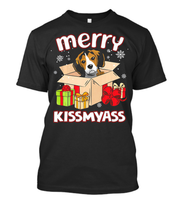 Merry Kissmyass Beagle In Box With Xmas Gifts And Snowflakes T-Shirt