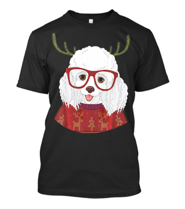 Reindeer Antlers Poodle Dog With Red Glasses And Christmas T-Shirt