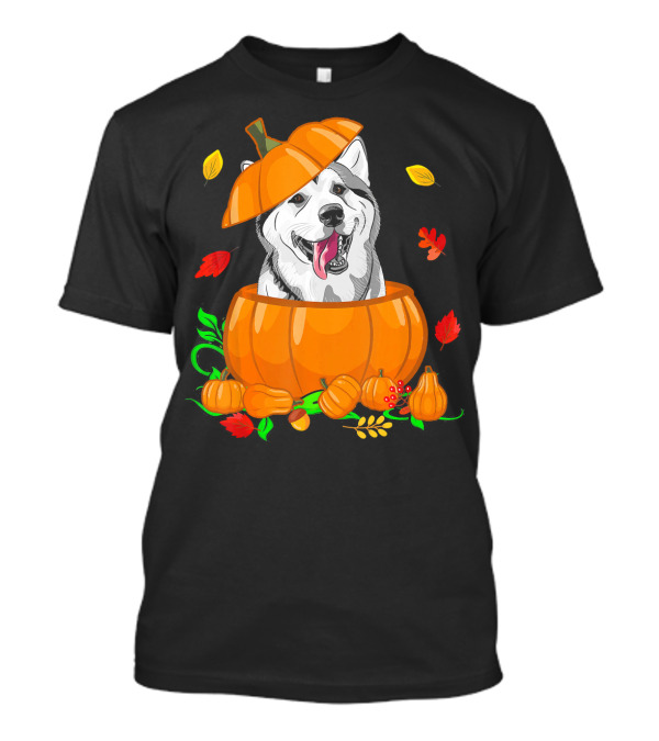 Pumpkin Siberian Husky Autumn Leaves Fall Decor T-Shirt