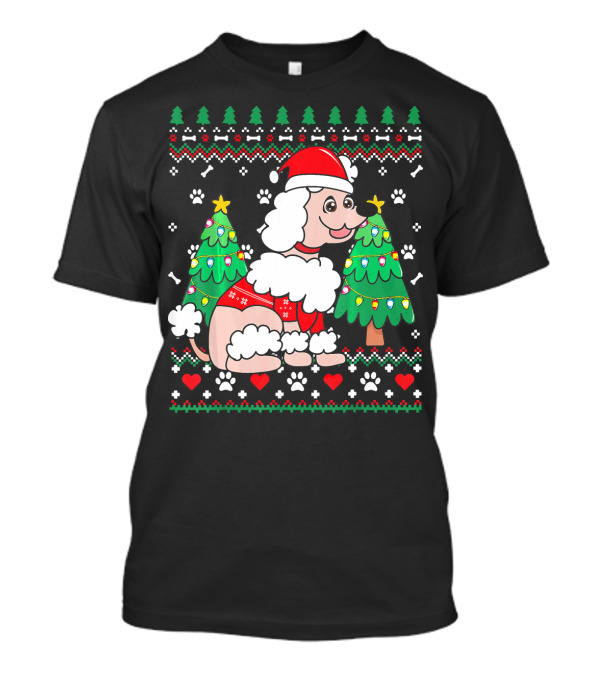 Poodle In Santa Hat With Christmas Ornament Trees And Paw Prints T-Shirt