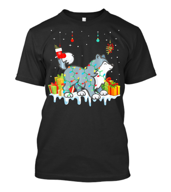 Festive Siberian Husky With Christmas Lights And Gifts T-Shirt