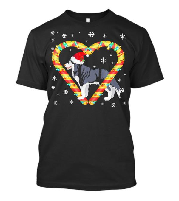 Siberian Husky Christmas Candy Cane Heart With Santa Hat And Snowflakes T-Shirt