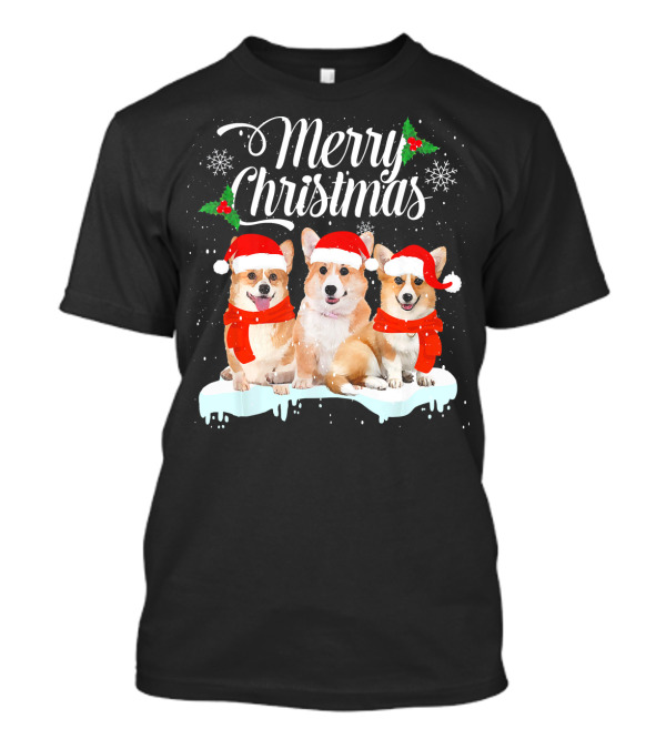 Merry Christmas Corgi Dogs In Santa Hats And Scarves T-Shirt