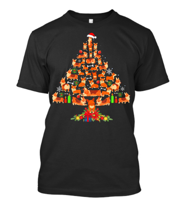 Funny Corgi Christmas Tree With Santa Hat And Decorated Gifts Cormas Corgi T-Shirt