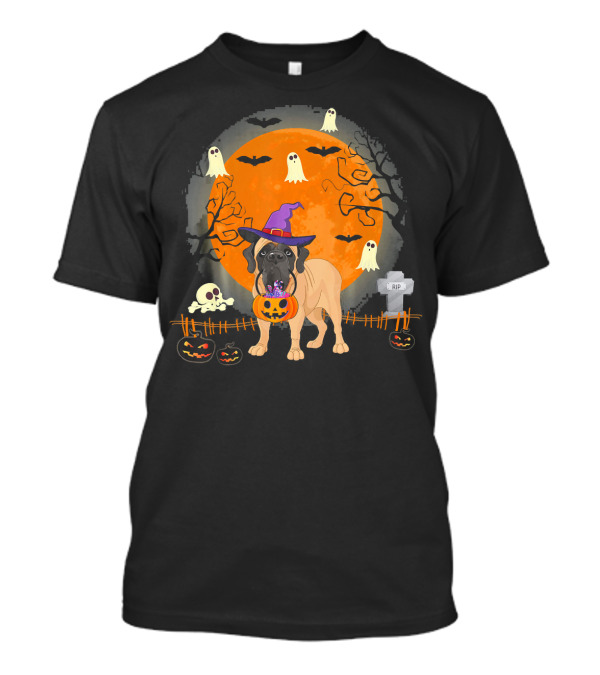 Halloween English Mastiff Witch With Pumpkins And Ghosts T-Shirt