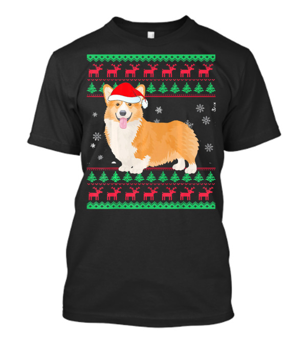 Funny Christmas Corgi In Santa Hat With Snowflakes And Reindeer T-Shirt