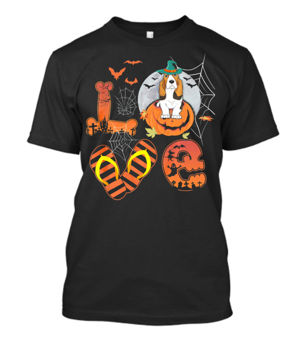 Funny Basset Hound In Pumpkin Halloween Love With Spiders And Bats T-Shirt