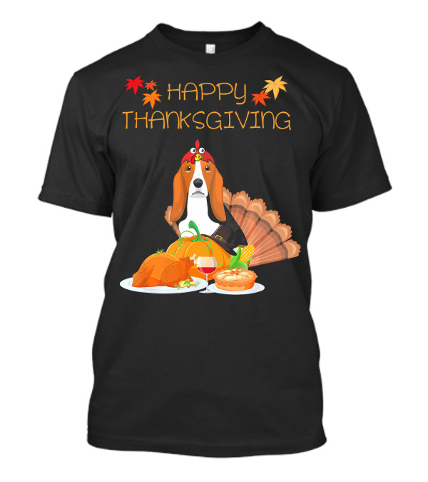 Happy Thanksgiving Basset Hound With Festive Turkey Dinner And Autumn Leaves T-Shirt