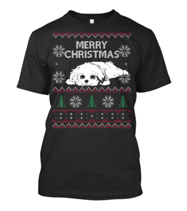 Merry Christmas Havanese Maltese Shih Tzu Snowflakes Trees T-Shirt