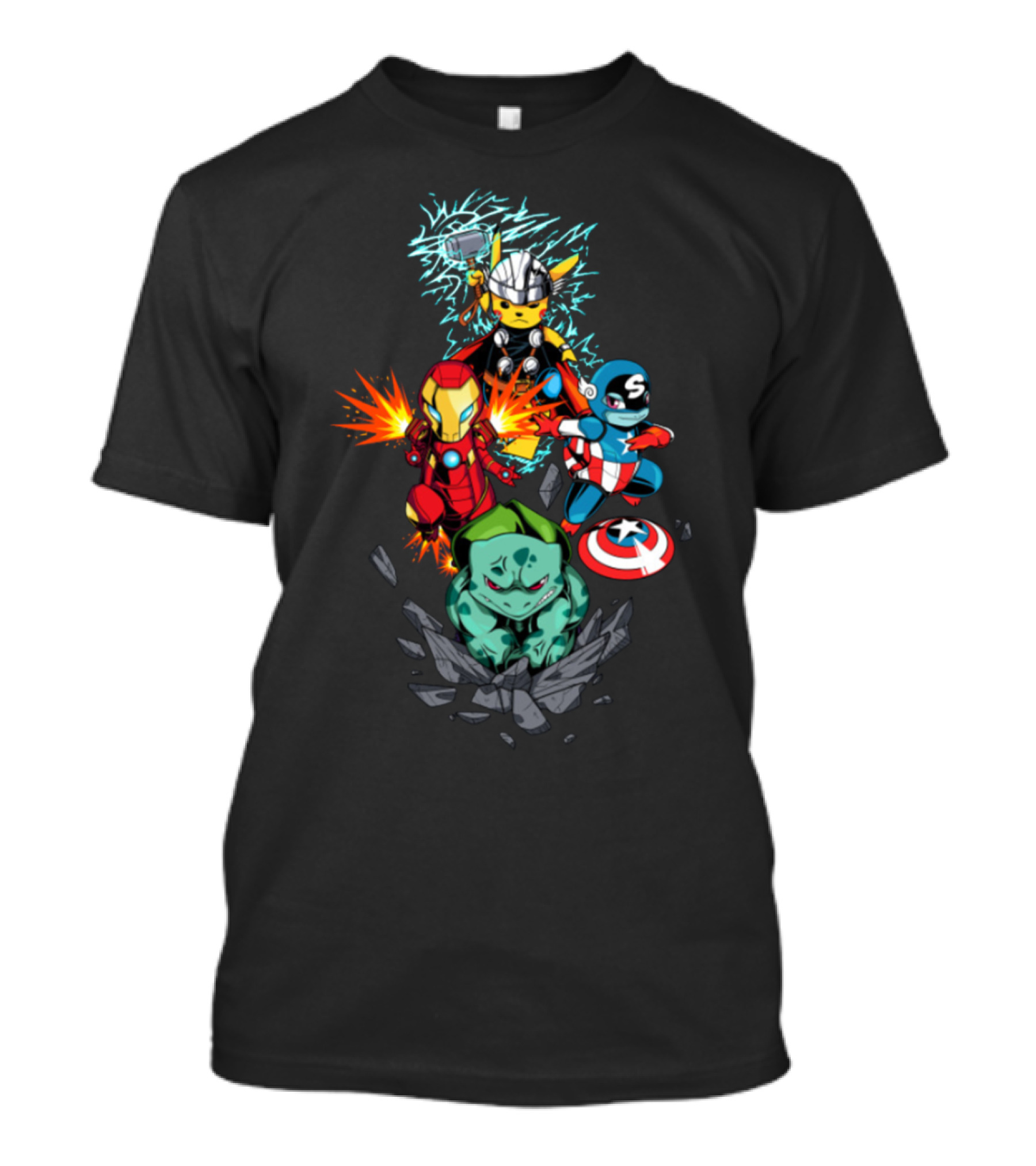Avengers Pokemon Crossover Pikachu Thor Iron Man Bulbasaur Captain America T-Shirt