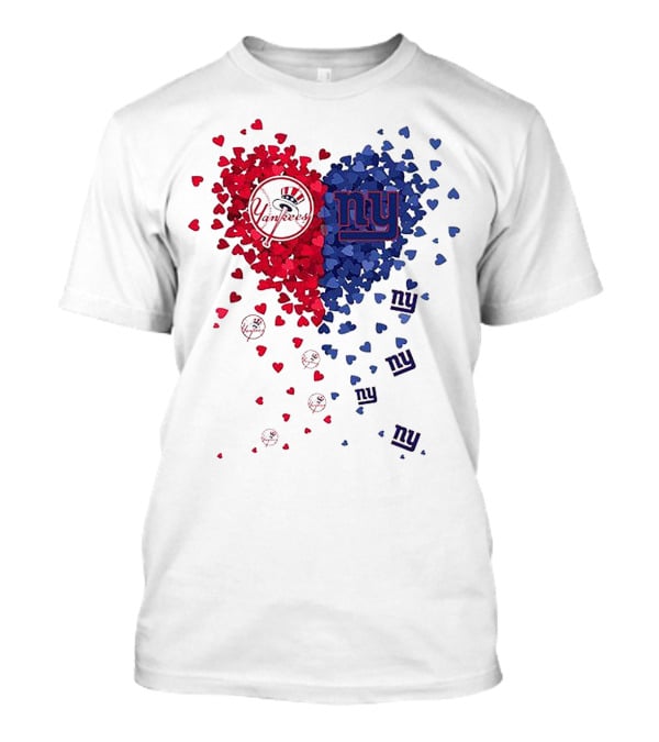 New York Yankees Giants Heart Shaped Logos With Red And Blue Hearts T-Shirt