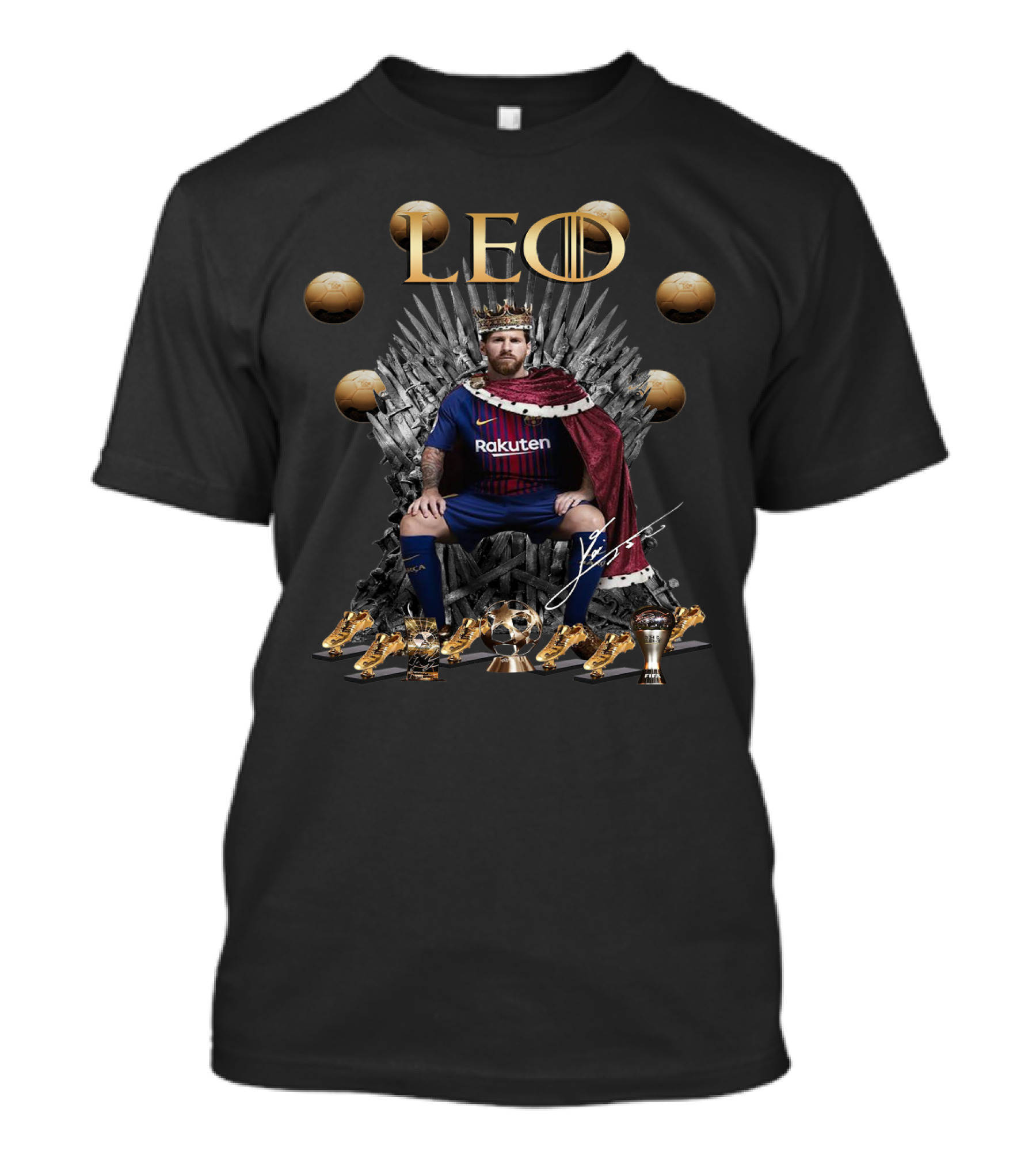 Leo Messi On Throne With Six Golden Balls And Signature T-Shirt