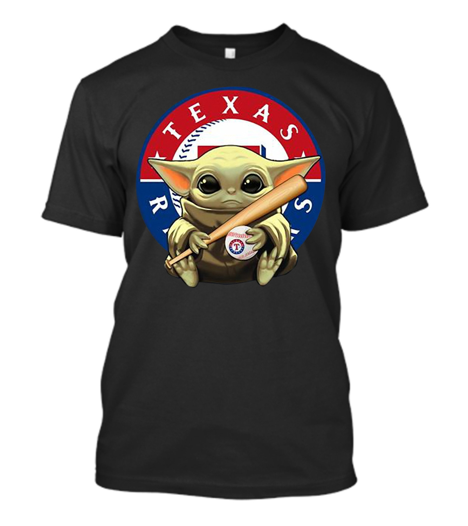 Baby Yoda Texas Rangers Baseball Fan With Bat And Ball T-Shirt