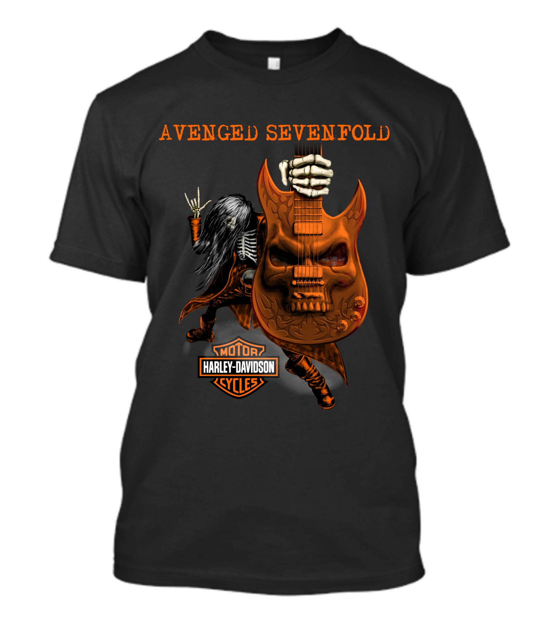 Avenged Sevenfold Harley Davidson Skeleton Guitar Imagery With Hand Sign T-Shirt